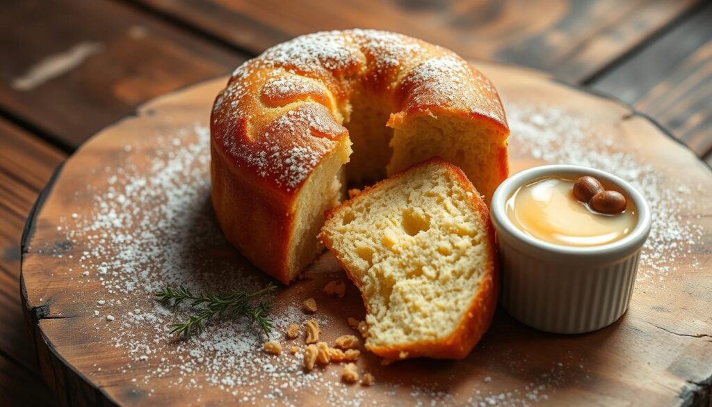 A delicate, buttery mini pound cake resting on a rustic wooden surface, its golden-brown crust glistening under soft, diffused lighting. The cake is carefully sliced, revealing a moist, fine-crumbed interior. Surrounding it are a few scattered ingredients - a sprinkle of powdered sugar, a fresh sprig of thyme, and a small ceramic ramekin filled with rich, creamy vanilla bean custard. The composition is captured from a slightly elevated angle, creating a sense of warmth and inviting the viewer to imagine the satisfying texture and flavor of this perfectly baked treat.