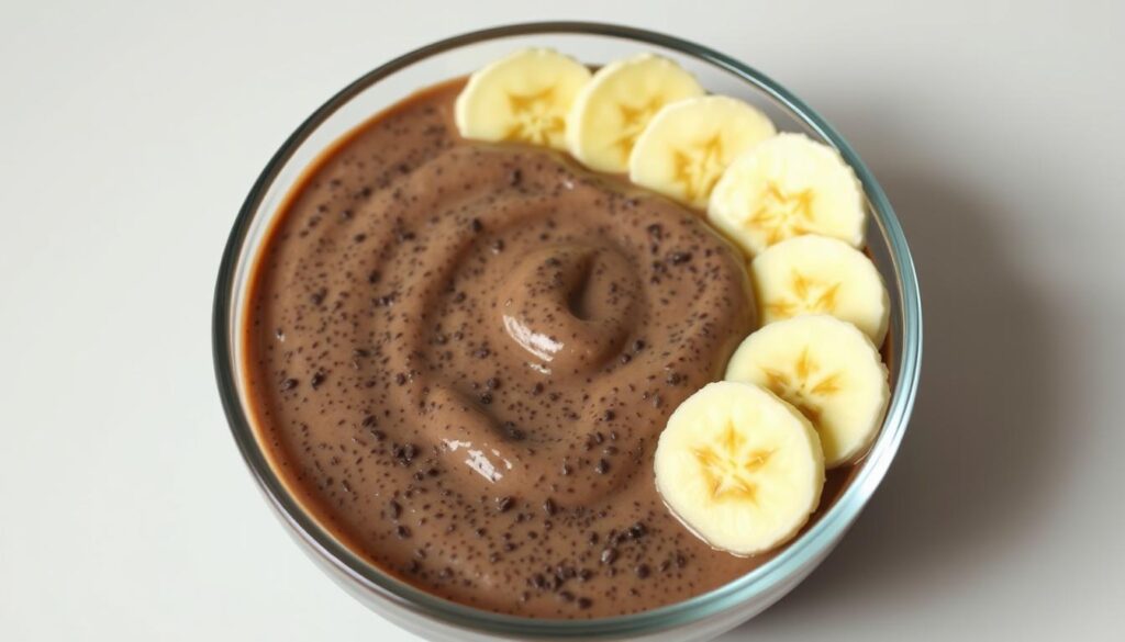 A delicate, creamy vegan chia pudding in a glass bowl, with a smooth, glossy texture. The pudding is a rich chocolate color, flecked with tiny black chia seeds. Fresh slices of ripe banana are arranged artfully on top, creating a beautiful contrast. The bowl is set against a plain, neutral background, allowing the pudding to take center stage. The lighting is soft and diffused, casting gentle shadows and highlighting the natural sheen of the pudding. The overall impression is of a healthy, indulgent treat that is both visually appealing and nutritious.