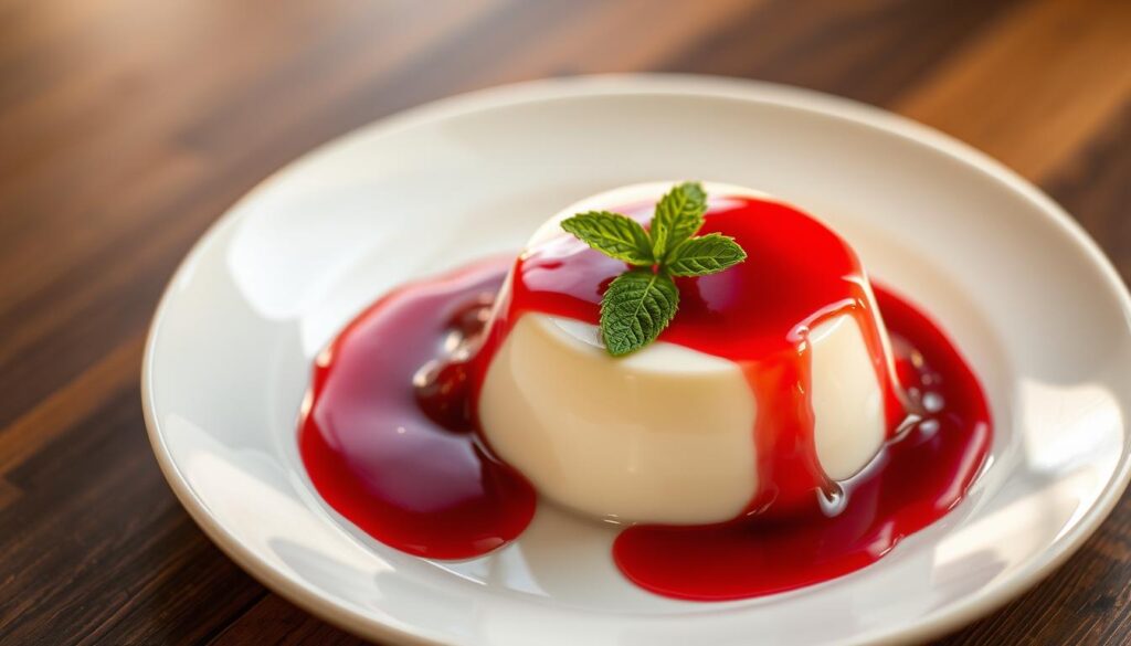 A delicate panna cotta dessert presented on a white ceramic plate, with a vibrant ruby-red raspberry sauce cascading over the creamy, silky surface. The panna cotta glistens under warm, softly diffused lighting, casting subtle shadows that accentuate its smooth, custardy texture. Garnished with a sprig of fresh mint, the dish exudes an elegant, refined aesthetic. The composition is centered, allowing the panna cotta to be the focal point, while the raspberry sauce adds a luscious, vivid contrast. The overall mood is one of refinement, indulgence, and appetite appeal, befitting a gourmet recipe presentation.