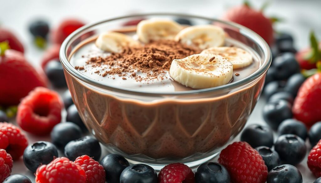 A delightful chia pudding dessert, served in a clear glass bowl, showcasing its creamy, chocolatey goodness. Ripe banana slices are arranged artfully on top, providing a harmonious contrast. The pudding has a silky, velvety texture, sprinkled with a dusting of cocoa powder for an extra touch of indulgence. Surrounding the bowl, an assortment of colorful, fresh berries, such as raspberries and blueberries, are scattered to create a visually appealing, appetizing display. The lighting is soft and diffused, casting a warm, inviting glow on the scene, highlighting the natural colors and textures of the ingredients. The camera angle is slightly elevated, providing a beautiful, three-dimensional perspective of the delectable chia pudding dessert.