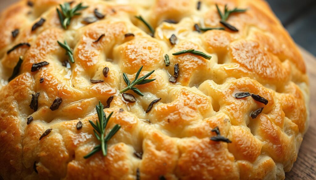 A freshly baked, golden-brown focaccia bread, its surface dotted with fragrant rosemary sprigs and flecks of roasted garlic. The bread's interior is airy and light, with a soft, pillowy texture. Glistening olive oil coats the bread's surface, enhancing its crisp, crunchy edges. The warm, savory aroma of the rosemary and garlic wafts through the air, enticing the senses. Captured in a natural, soft-focus lighting that highlights the bread's inviting appearance, the image conveys the comforting and artisanal nature of this creative variation on traditional focaccia.