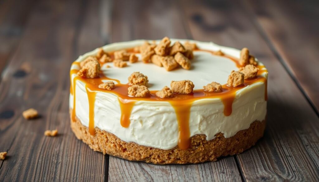 A freshly baked no-bake Biscoff cheesecake rests on a rustic wooden table, its golden-brown Biscoff cookie crust contrasting with the smooth, creamy white filling. The cheesecake is adorned with a drizzle of caramel sauce and crumbled Biscoff cookies, creating a visually enticing and decadent dessert. Soft, indirect lighting casts a warm glow, highlighting the luscious texture of the cheesecake. The scene is styled with a simple, minimalist backdrop to draw the viewer's attention to the star of the show - the irresistible Biscoff cheesecake.