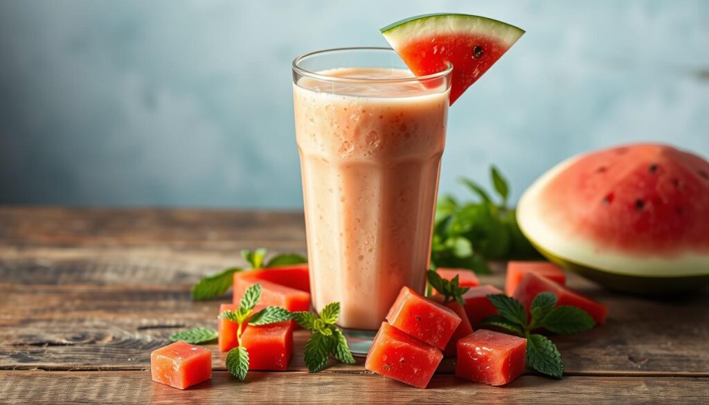 A glass filled with a creamy, vibrant watermelon smoothie sits on a rustic wooden table. The surface is sprinkled with fresh watermelon cubes, mint leaves, and a slice of watermelon. Soft, diffused lighting from the side illuminates the drink, creating a refreshing, summery atmosphere. The glass has a slight condensation effect, adding to the sense of coolness. The composition is well-balanced, with the smoothie taking center stage, surrounded by complementary elements that enhance the overall aesthetic. The image conveys the perfect recipe for a delicious and visually appealing watermelon smoothie.