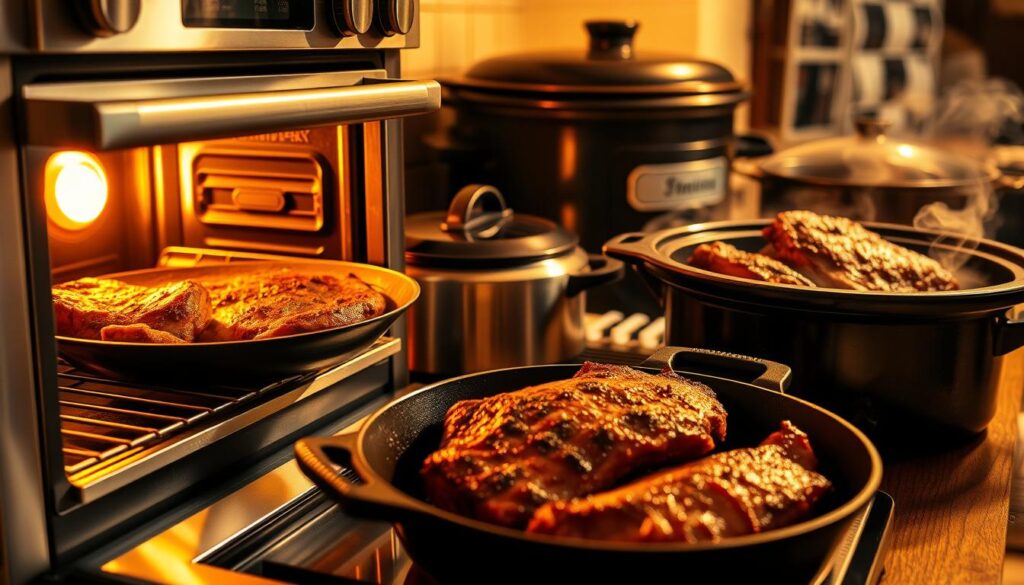 A high-quality kitchen scene depicting various cooking methods for brisket. In the foreground, a stainless steel oven with its door open, revealing a juicy brisket being slow-roasted. Next to it, a cast-iron skillet sizzles with a seared brisket cooked over high heat. In the middle ground, a slow cooker gently braises a tender brisket, while a smoker in the background emits fragrant smoke, hinting at the flavorful results of low-and-slow smoking. Warm, golden lighting illuminates the scene, creating an inviting and mouthwatering atmosphere. The overall composition emphasizes the different techniques that can be used to masterfully cook a brisket.