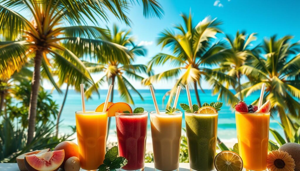 A lush tropical oasis, sun-dappled and vibrant. In the foreground, an array of colorful smoothie variations, each one a delightful blend of ripe peaches, creamy coconut, and an array of fresh fruits and greens. The middle ground showcases tall, swaying palm trees, their fronds catching the warm breeze. In the background, a stunning seascape with turquoise waters and a distant horizon. Soft, diffused lighting casts a dreamy, inviting atmosphere, beckoning the viewer to take a refreshing sip and bask in the tropical paradise. Captured with a wide-angle lens to emphasize the depth and scale of this delectable scene.