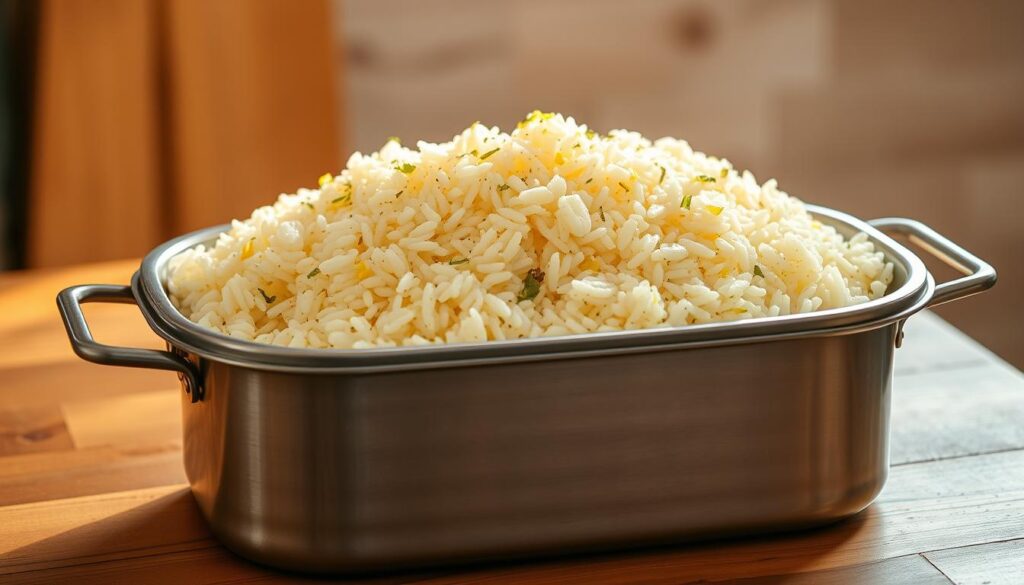 A meticulously arranged steel container stands on a wooden kitchen counter, its contents a neatly packed pile of freshly cooked Greek lemon rice. Soft, fluffy grains are infused with the bright, tangy aroma of lemon zest and herbs. Rays of warm, diffused light gently illuminate the scene, casting a comforting glow. The container's tight-fitting lid suggests the dish has been carefully preserved, ready to be reheated and enjoyed later. The overall composition conveys a sense of culinary care and attention to detail, befitting the authentic and flavorful nature of this beloved Greek specialty.
