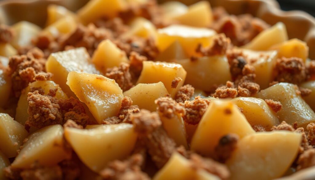 A mouthwatering close-up of freshly baked apple pie filling, overflowing with golden-brown apple slices, cinnamon, and brown sugar. Soft, gooey, and bursting with sweet, fragrant juices. Lit from above with warm, natural lighting that casts a soft, inviting glow. The filling is nestled in a flaky, buttery pie crust, creating a tempting contrast of textures. Captured at a slight angle to showcase the luscious layers and depth of the filling. The image evokes the comforting aroma and homemade goodness of the ultimate apple pie.