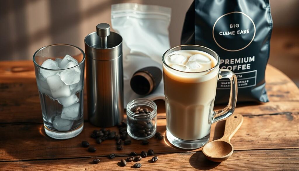 A neatly arranged composition of essential items for crafting the perfect iced latte: a glass tumbler with ice cubes, a sleek stainless steel milk frother, a small glass pitcher, a bag of premium coffee beans, and a wooden spoon. Soft, warm lighting illuminates the scene, casting gentle shadows and creating a cozy, inviting atmosphere. The items are placed on a rustic wooden surface, hinting at the artisanal nature of the beverage. The overall mood is one of simplicity, quality, and the pleasure of a well-made iced coffee.