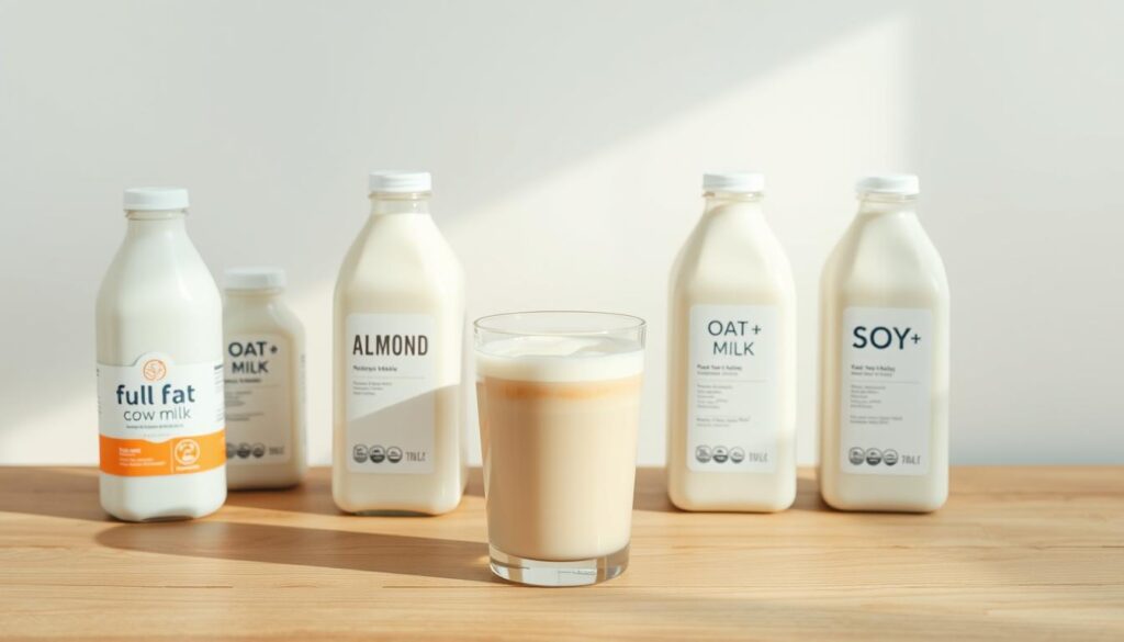 A neatly arranged still life showcasing various milk options for an iced latte, bathed in soft, natural lighting. In the foreground, a glass of iced latte with a swirl of milk on top, surrounded by a selection of milk bottles - full-fat cow's milk, almond milk, oat milk, and soy milk - each with a label clearly visible. In the middle ground, a wooden table or countertop, with a subtle texture, serves as the stage. The background features a minimalist, light-colored wall, creating a clean and airy atmosphere that complements the dairy-based theme.
