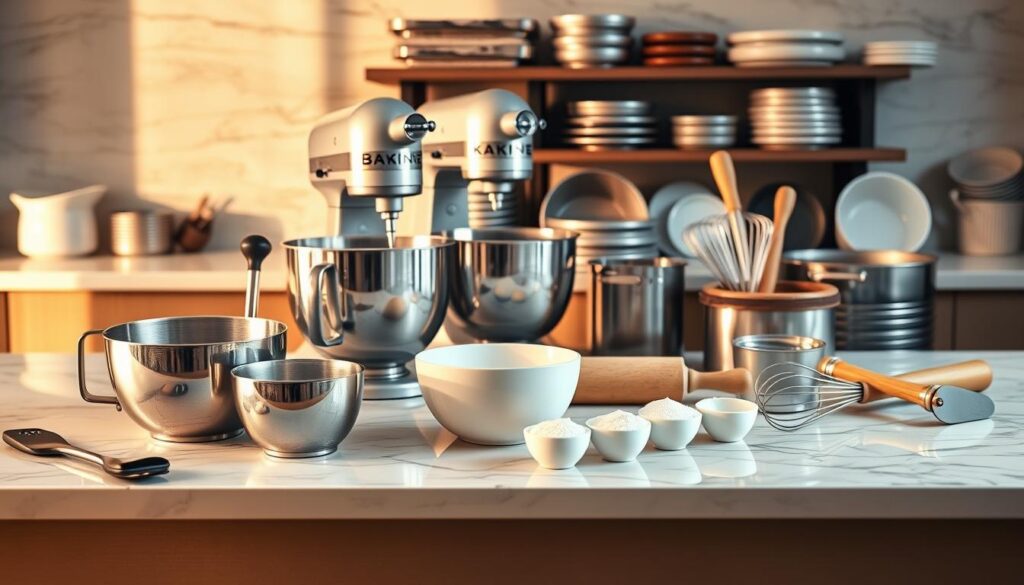 A neatly organized array of premium baking tools on a sleek, marble kitchen counter, bathed in warm, golden lighting. In the foreground, a set of stainless steel mixing bowls, a professional-grade hand mixer, and a high-quality silicone spatula. In the middle ground, a gleaming stand mixer, a heavy-duty rolling pin, and a set of nested measuring cups. In the background, an assortment of specialty baking pans, a sifter, and a pair of elegant, wooden-handled whisks. The overall scene exudes a sense of culinary sophistication, hinting at the delectable treats that might emerge from this well-equipped gourmet kitchen.