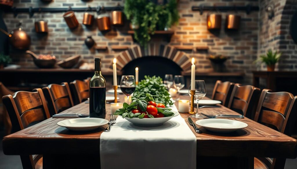 A rustic Italian dining setting with a heavy wooden table, set for an intimate meal. The table is adorned with a crisp white tablecloth, a vibrant centerpiece of fresh basil and red tomatoes, and a glass carafe of deep red wine. Ambient lighting casts a warm glow, with candles flickering softly. In the background, a wall of exposed brick and hanging copper pots creates a cozy, authentic atmosphere. The scene is captured through a wide-angle lens, giving a sense of depth and inviting the viewer to imagine themselves seated at the table, ready to savor the delicious Italian feast.