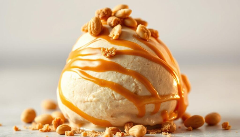 A scoop of creamy peanut butter-infused Greek frozen yogurt, swirled with luscious ribbons of caramel-colored peanut butter and topped with a light dusting of crushed roasted peanuts. The frozen yogurt's surface has a velvety sheen, reflecting the warm, golden lighting illuminating the scene. The composition is captured from a slightly elevated angle, allowing the layers of the dessert to be clearly visible. The background is a clean, neutral backdrop, ensuring the focus remains on the tempting frozen treat. An inviting, mouthwatering scene that perfectly captures the essence of a homemade peanut butter Greek frozen yogurt.