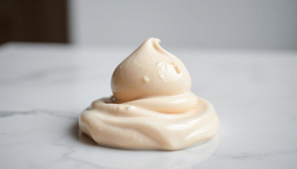 A scoop of creamy, smooth peanut butter-flavored Greek frozen yogurt, sitting atop a light-colored base with a slight marbling effect. The yogurt has a subtle tangy aroma and a silky, decadent texture that glistens under a soft, natural lighting. The background features a clean, minimal setting, allowing the frozen treat to be the focal point. The camera angle is slightly tilted, providing a dynamic and appetizing perspective. The overall mood is one of freshness, indulgence, and a tempting invitation to savor this delightful homemade delicacy.