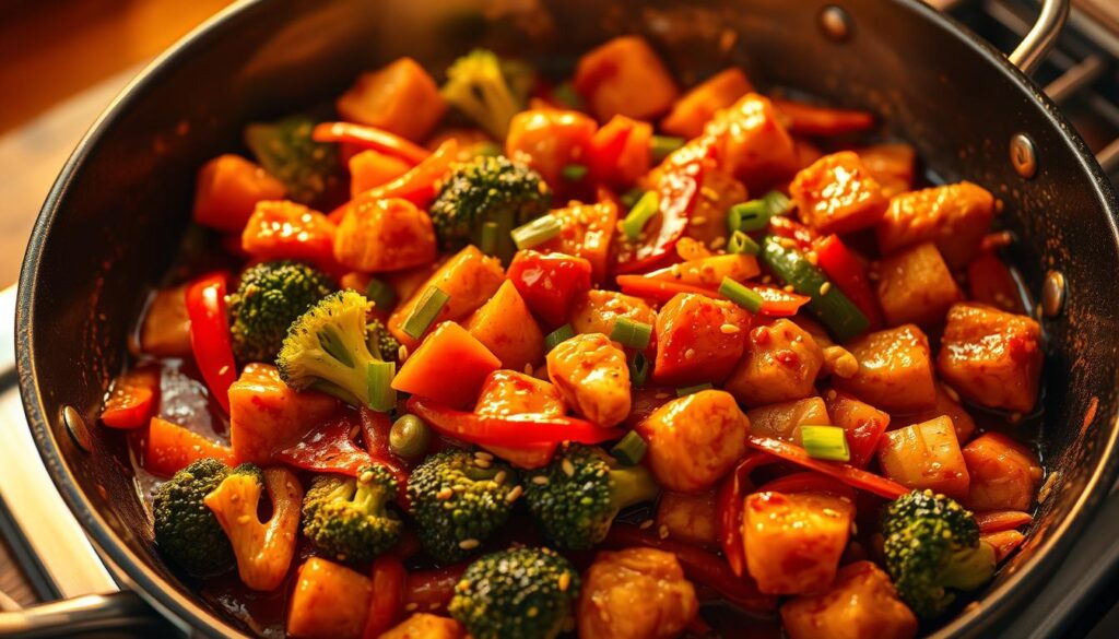 A sizzling pan of sweet chili chicken stir fry, the vibrant red sauce glistening as juicy bite-sized pieces of chicken mingle with crisp-tender vegetables. Tender broccoli florets, julienned carrots, and sliced bell peppers create a colorful medley, while a sprinkle of green onions and sesame seeds adds a final touch of flavor and texture. Warm, golden lighting casts a cozy glow, creating an appetizing and inviting scene. The composition is balanced, with the stir fry filling the frame and showcasing the dish's mouthwatering appearance. The overall mood is one of homemade comfort and irresistible Asian-inspired cuisine.