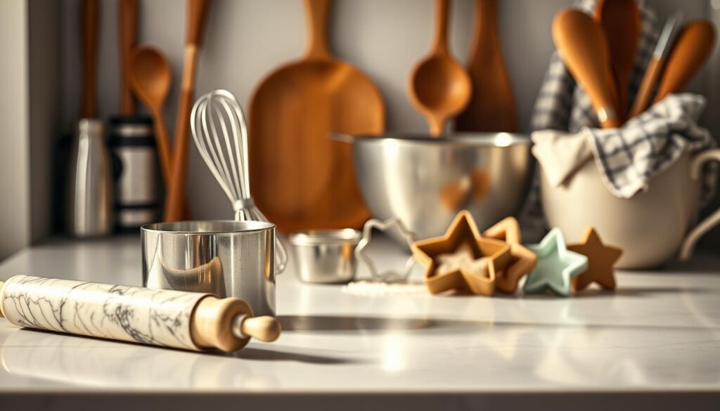 A sleek, well-lit kitchen counter, its surface adorned with an array of baking tools. In the foreground, a marble rolling pin, measuring cups, and a whisk stand proudly, their metallic surfaces gleaming under the soft, diffused lighting. In the middle ground, a sturdy mixing bowl, a sifter, and a set of nested cookie cutters in various festive shapes await their purpose. The background is filled with the subtle textures of wooden spoons, a silicone spatula, and a patterned kitchen towel, creating a harmonious, inviting composition. The overall mood is one of culinary anticipation, reflecting the care and attention required to craft delectable baked goods.
