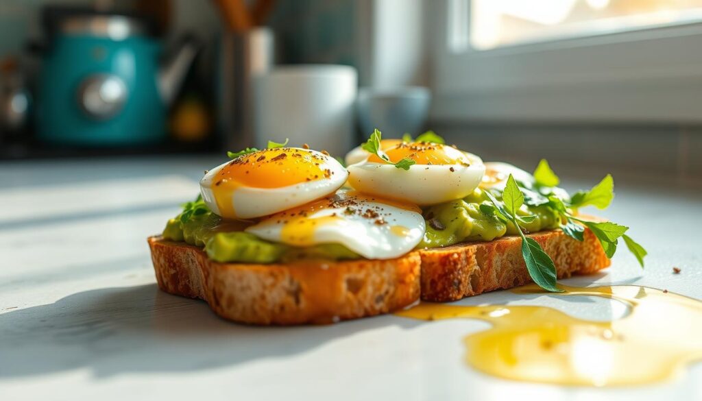 A sunlit kitchen counter showcases a beautifully composed avocado toast, garnished with perfectly cooked eggs, a sprinkle of fragrant herbs, and a drizzle of high-quality olive oil. The toast is made from thick-cut artisanal bread, its golden-brown crust contrasting with the creamy avocado spread. The eggs, cooked to a soft, runny consistency, sit atop the avocado, their vibrant yolks reflecting the warm, natural lighting. The overall scene exudes a sense of health, freshness, and culinary sophistication, inviting the viewer to savor this delightful and nourishing breakfast.