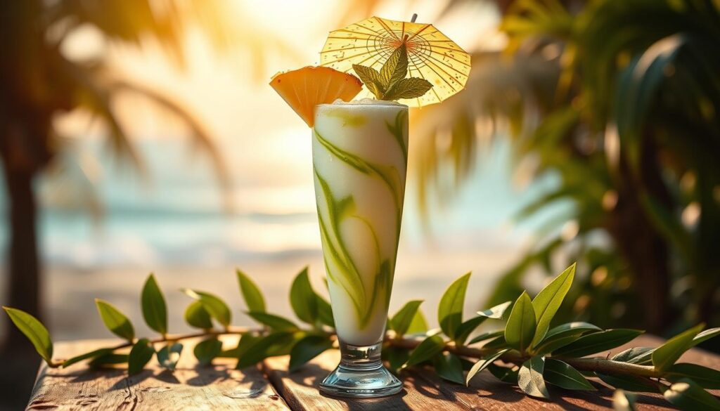 A tropical beach-side setting, with a tall glass filled with a vibrant pineapple-coconut cocktail. The drink features a swirling green and white color scheme, adorned with a fresh pineapple wedge, a sprig of mint, and a decorative paper umbrella. Soft, warm lighting illuminates the scene, casting a golden glow and creating a cozy, inviting atmosphere. The glass is condensed with beads of water, sitting atop a rustic wooden table surrounded by lush, verdant foliage. The overall composition evokes a sense of relaxation and indulgence, perfectly capturing the essence of a refreshing tropical delight.