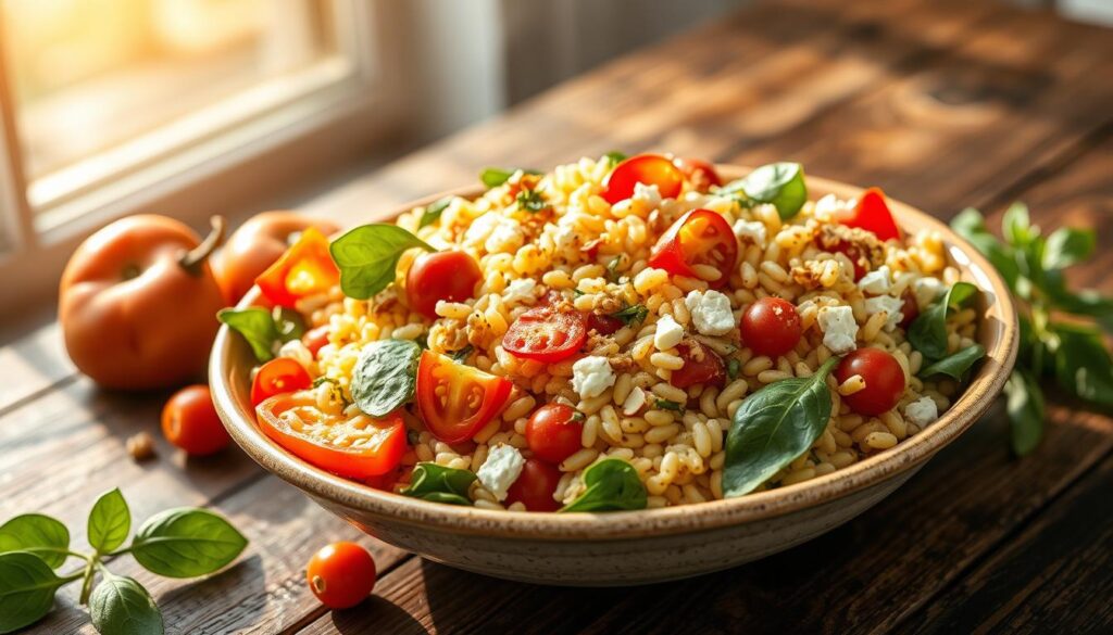 A vibrant array of colorful orzo pasta salad, artfully arranged on a rustic wooden table. Fresh vegetables like red bell peppers, baby spinach, and cherry tomatoes add pops of color, while toasted pine nuts and crumbled feta cheese provide texture and flavor. Sunlight filters through a window, casting a warm, golden glow over the scene. The salad is presented in a beautiful ceramic serving bowl, inviting the viewer to dive in and enjoy its refreshing, wholesome goodness. A simple, yet elegant setting that highlights the rainbow of flavors and textures in this delightful orzo dish.