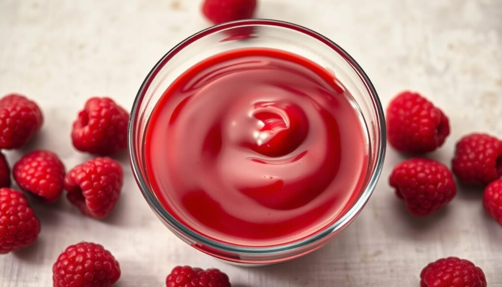 A vibrant raspberry sauce glistens in a glass bowl, its deep crimson hue highlighting the tart and sweet flavors. Fresh raspberries are scattered around the bowl, their plump forms casting delicate shadows. The sauce is perfectly smooth, with a glossy sheen that reflects the warm lighting above. The scene is captured from a high angle, showcasing the sauce's enticing texture and rich color. The background is a soft, neutral tone, allowing the raspberry sauce to be the true star of the composition. The overall mood is one of elegance and simplicity, inviting the viewer to imagine the decadent pairing of the sauce with a creamy panna cotta.