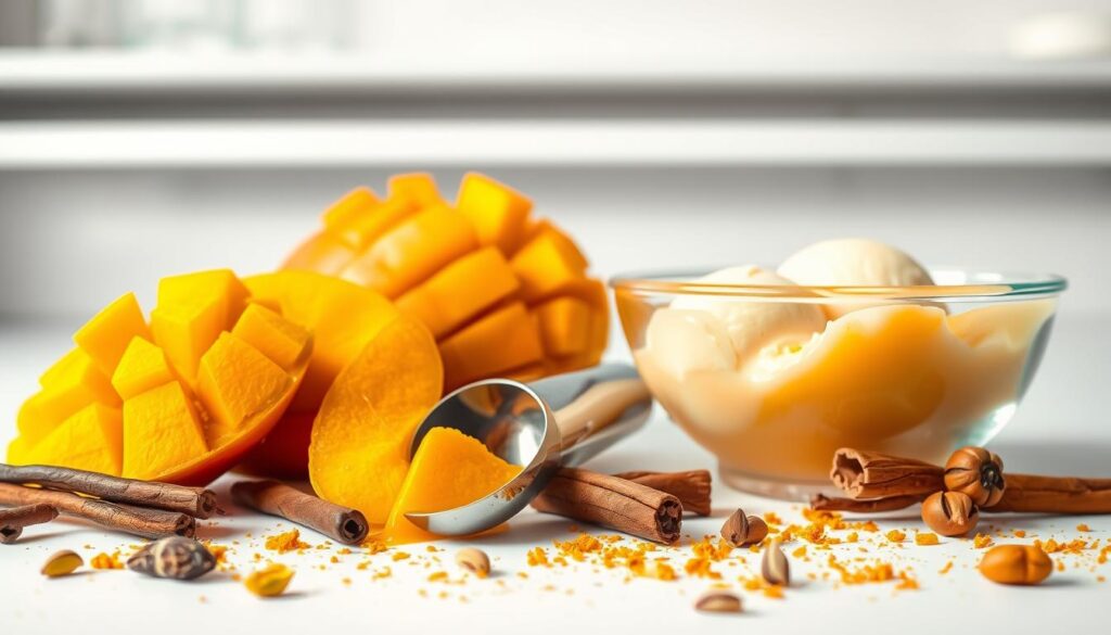 A vibrant still life capturing the essential ingredients for homemade mango ice cream. In the foreground, ripe mango slices and golden mango puree are prominently displayed against a clean, white backdrop, their luscious colors and textures inviting the viewer to indulge. Surrounding them, a scattering of aromatic spices - fragrant vanilla beans, warm cinnamon sticks, and fragrant cardamom pods. In the middle ground, a gleaming metal ice cream scoop and a vintage glass bowl filled with creamy, pale yellow ice cream. The background features clean, minimalist kitchen shelves, casting soft, natural lighting across the scene and creating an atmosphere of simple elegance and culinary delight.