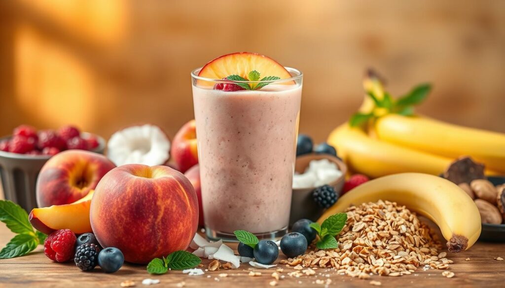 A vibrant still life showcasing an array of tempting smoothie pairings. In the foreground, a delectable peach smoothie in a clear glass, garnished with a slice of fresh peach and a sprig of mint. Surrounding it, an assortment of complementary ingredients - ripe bananas, juicy berries, creamy coconut flakes, and crunchy granola. The middle ground features an enticing array of these elements, expertly arranged to create a visually appealing and appetizing composition. The background is softly blurred, allowing the focus to remain on the smoothie and its delightful accompaniments. Warm, natural lighting casts a golden glow, accentuating the textures and colors of the ingredients. The overall mood is fresh, inviting, and bursting with the promise of a delicious and nourishing smoothie experience.