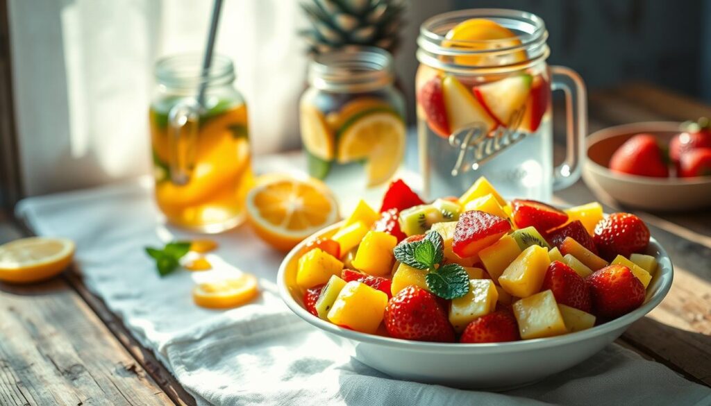 A vibrant, sun-drenched still life of a homemade fruit salad nestled on a rustic wooden table. In the foreground, a shallow white bowl overflows with a colorful medley of freshly sliced tropical fruits - juicy mango, ripe pineapple, sweet kiwi, and plump red strawberries. Garnished with a sprig of mint, the salad glistens with a light drizzle of honey. The middle ground features a vintage Mason jar filled with a refreshing fruit-infused water, casting a soft, warm glow. In the background, an airy linen tablecloth and a scattering of fragrant citrus slices create a simple, welcoming atmosphere, capturing the essence of a perfect summer day.