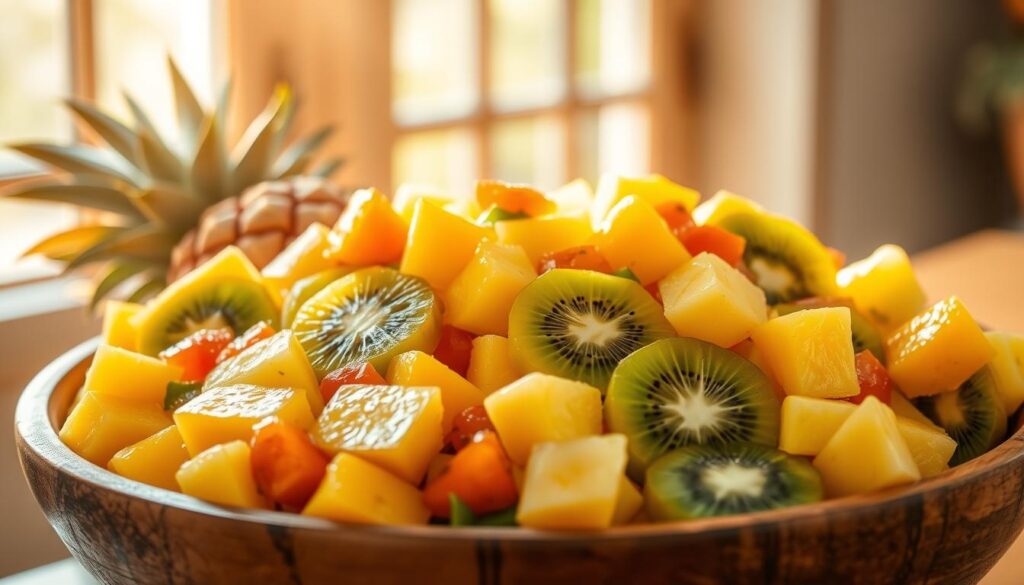 A vibrant tropical fruit salad overflows with a luscious array of freshly sliced pineapple, mango, papaya, and kiwi, arranged in a rustic wooden bowl. Sunlight filters through an open window, casting a warm, golden glow that highlights the juicy, glistening textures of the fruit. The composition is balanced, with the varied shapes and colors of the fruit pieces creating a visually appealing and appetizing display. The overall mood is one of refreshing, summery delight, inviting the viewer to savor the sweet, tangy flavors of this delightful fruit medley.