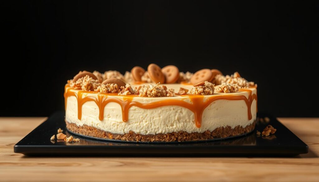 A visually stunning Biscoff cheesecake adorned with a delicate arrangement of crunchy Biscoff cookie crumbs, a drizzle of caramel sauce, and a sprinkling of chopped toasted almonds. The cheesecake sits atop a sleek black serving platter, the smooth cream cheese filling contrasting beautifully with the golden brown cookie crust. Soft, warm lighting from above casts a gentle glow, highlighting the rich, velvety texture of the dessert. The overall presentation is sophisticated and inviting, perfectly capturing the decadence and elegance of this Biscoff-infused treat.