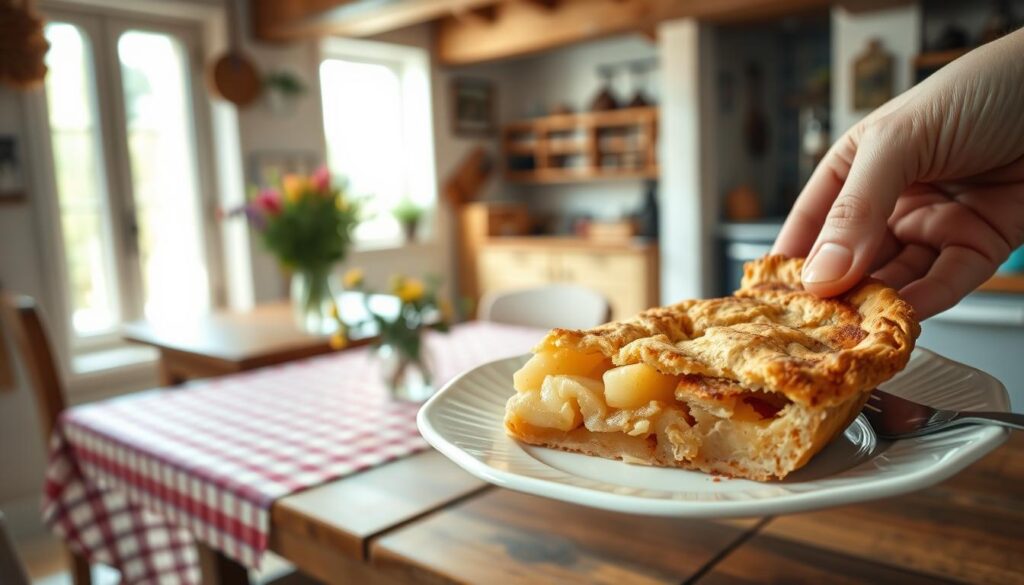 A warm, inviting kitchen scene with a freshly baked apple pie being served. In the foreground, a hand gently places a generous slice of the pie onto a delicate, white porcelain plate. The pie's golden-brown crust is flaky and enticing, with visible flecks of cinnamon. The aroma of baked apples, spices, and buttery pastry fills the air. In the middle ground, a wooden table is set with a checkered tablecloth, complemented by a small vase of wildflowers. Soft, natural lighting from a nearby window casts a gentle glow, highlighting the textures and colors. The background features a cozy, country-style kitchen, with exposed beams, hanging cookware, and a glimpse of a well-stocked pantry, conveying a sense of homely comfort and culinary delight.