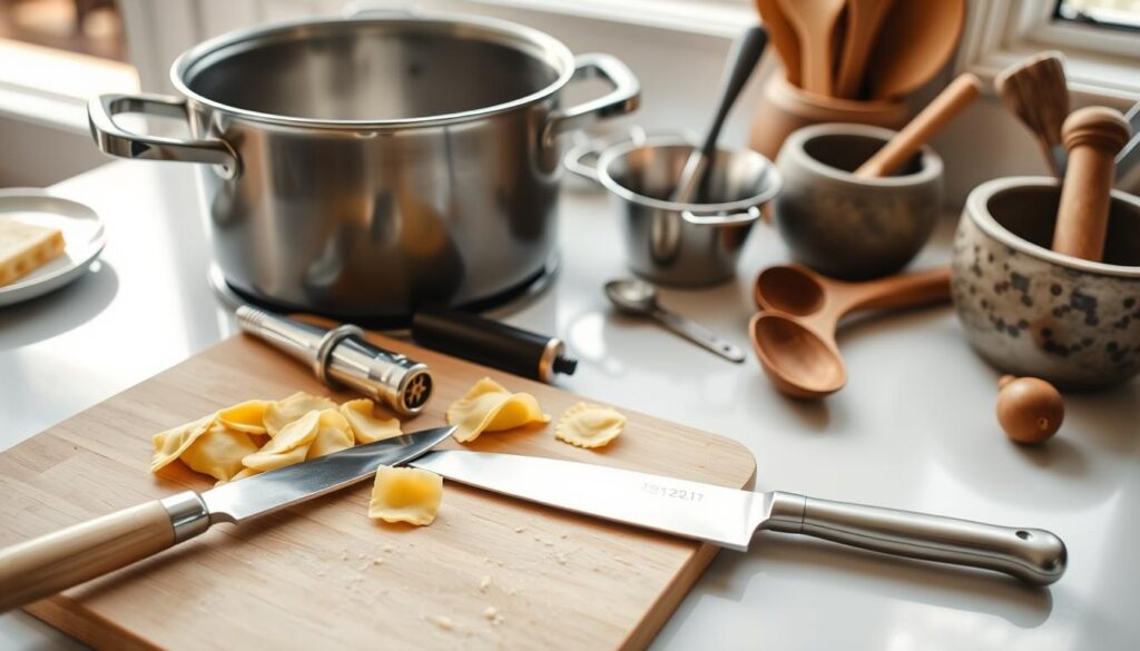 A well-lit, high-angle photograph of an assortment of kitchen tools and equipment used for cooking tortellini. In the foreground, a cutting board with a sharp chef's knife, a garlic press, and a zester. In the middle ground, a large pot, a colander, and a wooden spoon. In the background, a mortar and pestle, a rolling pin, and a set of measuring spoons. The tools are arranged neatly on a clean, white countertop, with natural light streaming in from a window, casting a warm, inviting glow on the scene. The overall mood is one of culinary preparation and anticipation, reflecting the care and attention required to create a delicious tortellini dish.