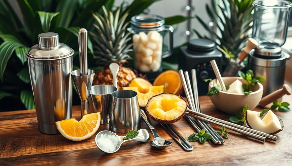 A well-lit, high-angle shot of a wooden table, showcasing an assortment of mocktail preparation tools. In the foreground, a stainless steel cocktail shaker, a muddler, and a jigger stand out against a backdrop of lush, tropical greenery. In the middle ground, a sharp citrus juicer, a sleek bar spoon, and a set of reusable metal straws are arranged neatly. The background features a blender, a mortar and pestle, and a selection of fresh pineapple slices, coconut chunks, and mint sprigs, creating a vibrant, tropical atmosphere. The lighting is soft and diffused, casting gentle shadows and highlighting the textures and materials of the tools.