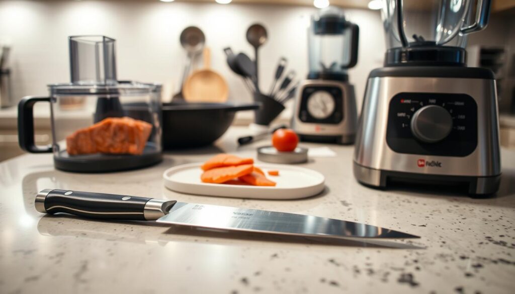 A well-lit kitchen counter, meticulously arranged with a diverse array of cooking tools and appliances. In the foreground, a high-quality chef's knife, its sharp blade gleaming under the warm, soft lighting. Beside it, a professional-grade food processor with sleek, stainless steel housing. In the middle ground, a sturdy, cast-iron skillet and a set of measuring cups and spoons, neatly organized. In the background, a state-of-the-art blender, its powerful motor and clear glass carafe hinting at its versatility. The overall scene conveys a sense of culinary expertise and well-equipped preparedness, perfectly suited for the creation of delectable Tasty Bang Bang Salmon Bites.