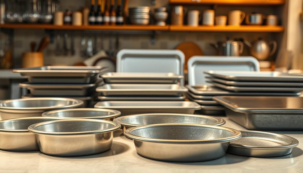 A well-lit kitchen counter with an assortment of baking pans and sheets in the foreground. The pans are made of shiny metal with rounded edges, some with a textured non-stick surface. In the middle ground, a variety of baking sheets in different sizes, some with rimmed edges, are arranged neatly. The background features a tiled backsplash and shelves displaying various kitchen tools and appliances, creating a cozy, professional-grade cooking environment. The lighting is warm and inviting, casting a soft glow across the scene, highlighting the textures and reflections of the bakeware. The overall mood is one of culinary preparedness and anticipation, ready to support the creation of a delicious focaccia bread.
