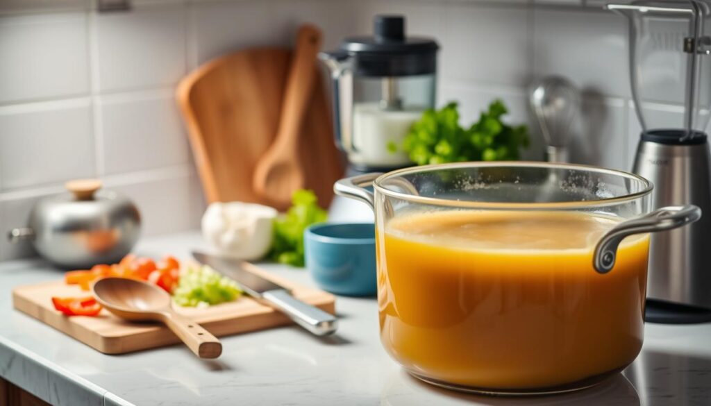 A well-lit kitchen countertop showcases an array of essential soup-making tools. In the foreground, a large stockpot simmers with aromatic broth, flanked by a sturdy ladle and a wooden spoon. In the middle ground, a sharp chef's knife rests beside a cutting board, surrounded by freshly chopped vegetables. In the background, a blender stands ready to purée the soup to a velvety consistency, while a hand mixer promises to whisk up creamy garnishes. Soft, diffused lighting casts a warm, inviting glow, setting the stage for a nourishing and comforting soup-making experience.