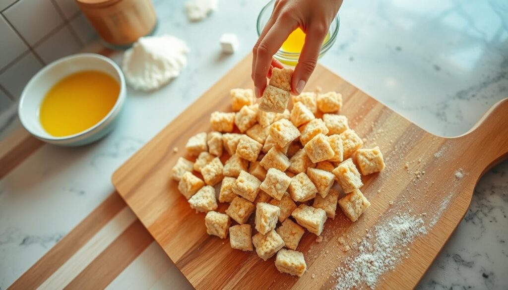 A well-lit kitchen countertop, with a wooden cutting board at the center. On the board, a pile of fresh chicken breasts, neatly cut into bite-sized nuggets. Nearby, a bowl of breadcrumbs, another of beaten eggs, and a third of seasoned flour. A hand gently coats each nugget, first in the flour, then the egg wash, and finally the crisp breadcrumbs, creating a perfect golden-brown breading. The process is captured from a low angle, highlighting the textures and attention to detail. Warm, natural lighting casts a comforting glow, setting the stage for the ultimate homemade chicken nugget experience.