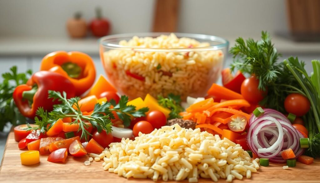 An intricately arranged preparation of vibrant rainbow orzo salad, captured in a soft, natural lighting. In the foreground, a wooden cutting board holds freshly chopped vegetables - bell peppers in red, orange, yellow, and green, along with halved cherry tomatoes, shredded carrots, and thinly sliced red onion. Sprigs of fresh parsley and dill add pops of greenery. In the middle ground, a large glass bowl filled with cooked orzo pasta is visible, the grains glistening. The background features a clean, minimalist kitchen counter, allowing the colorful ingredients to take center stage. The overall scene exudes a sense of freshness, vibrancy, and the aroma of a homemade, healthy meal.