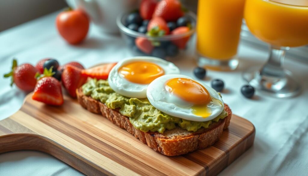 Avocado toast with two soft-boiled eggs on a wooden board, with a side of fresh strawberries, blueberries, and a glass of orange juice. The avocado is mashed and topped with a sprinkle of sea salt and a drizzle of extra virgin olive oil. The eggs have perfectly runny yolks. The board is placed on a white tablecloth, with natural light from a nearby window creating a warm, inviting atmosphere. The scene is photographed from a high angle, with a shallow depth of field that keeps the foreground in sharp focus while the background is gently blurred.