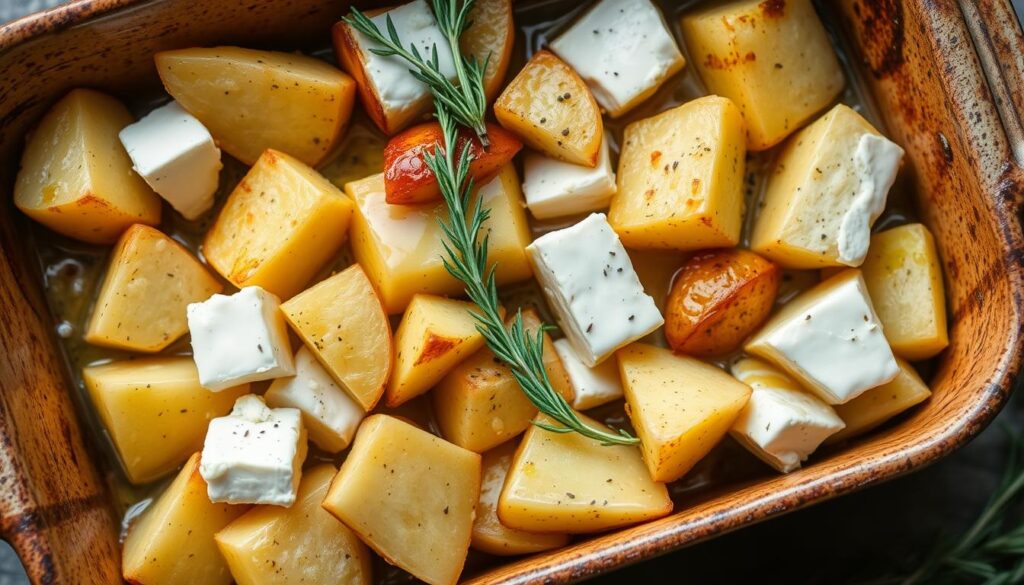 Crisp, golden-brown baked feta roast potatoes in a rustic ceramic baking dish. The chunks of feta cheese are nestled between tender, fluffy potato wedges, infusing them with a tangy, salty flavor. The potatoes are drizzled with a glistening olive oil and lemon dressing, with sprigs of fresh oregano and cracked black pepper providing aromatic accents. The image is shot from an overhead angle, creating a top-down view that showcases the dish's inviting textures and colors. The lighting is natural and diffused, casting a warm, homey glow over the scene. The background is subtly blurred, keeping the focus on the delectable baked feta roast potatoes.