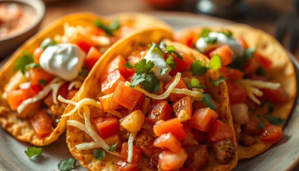 Crunchy golden-brown potato tacos with a vibrant array of toppings, including diced tomatoes, shredded lettuce, tangy sour cream, and a sprinkling of fresh cilantro. The tacos are shot from an overhead angle, with a soft focus on the foreground and a blurred background, creating a cozy, appetizing scene. Warm lighting casts a comforting glow, and the camera is positioned to capture the inviting texture and layers of the dish. The overall mood is one of casual, mouthwatering deliciousness, perfect for showcasing a tasty and easy weeknight meal.