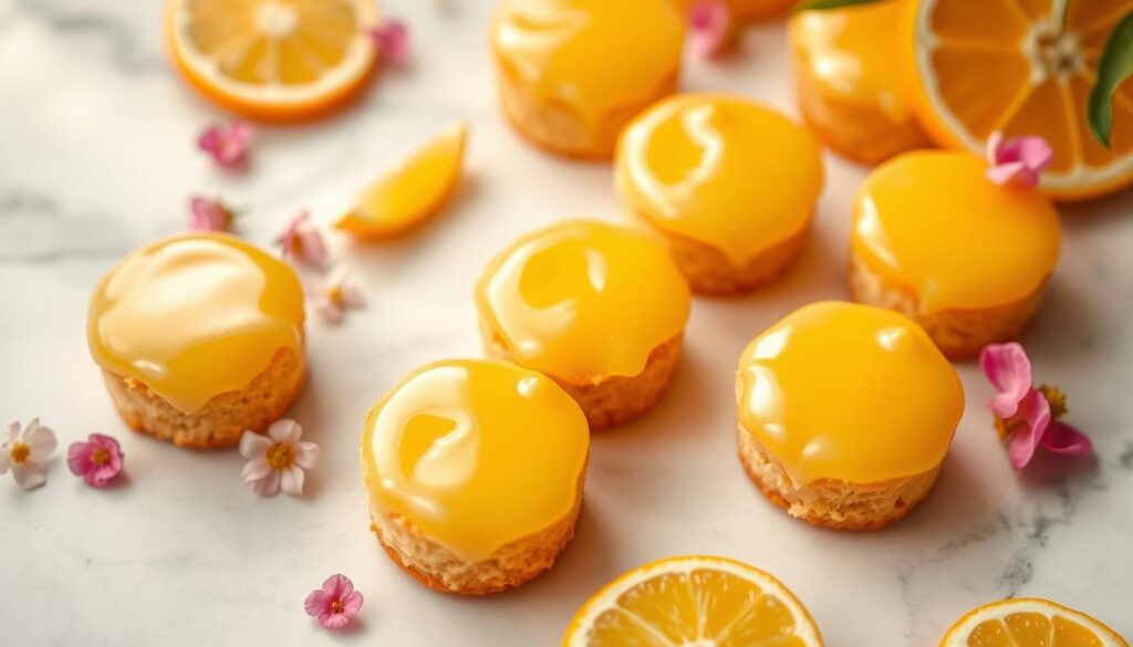 Delicate mini cakes with a glossy, vibrant citrus glaze, glistening under soft, warm lighting. The cakes are arranged on a white marble surface, their golden, crumbly exteriors contrasting beautifully with the zesty, translucent topping. Blossoms and fresh citrus slices are scattered around, adding pops of color and a sense of natural elegance. The composition is shot from a slight aerial perspective, highlighting the intricate details and textures. An inviting, mouthwatering scene that perfectly captures the essence of "Delicious Glazes and Toppings to Try".