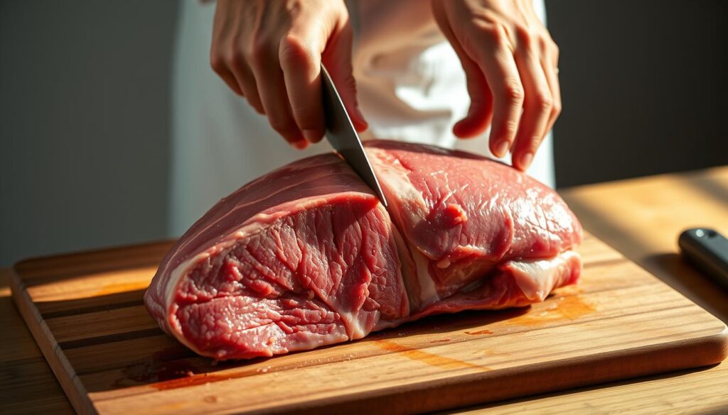Detailed close-up shot of a chef's hands carefully trimming a raw beef brisket on a wooden cutting board. The brisket is glistening with fresh fat and connective tissue. The lighting is warm and natural, casting dramatic shadows that accentuate the textures. The scene is set against a plain background, keeping the focus on the delicate trimming process. The chef's movements are precise and experienced, honing the brisket into an even, uniform shape ready for seasoning and cooking.