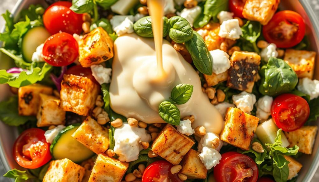 Freshly drizzled creamy dressing cascading over vibrant mixed greens, crisp cucumber slices, and golden-brown grilled halloumi cubes. Soft, tangy feta crumbles and a scattering of juicy cherry tomatoes add pops of color. Garnished with fragrant fresh basil leaves and a sprinkle of toasted pine nuts for texture. Warm Mediterranean sunlight filters through, creating a luminous, appetizing scene. Shot from an overhead angle with a shallow depth of field, emphasizing the luxurious, indulgent nature of this delectable salad dressing.