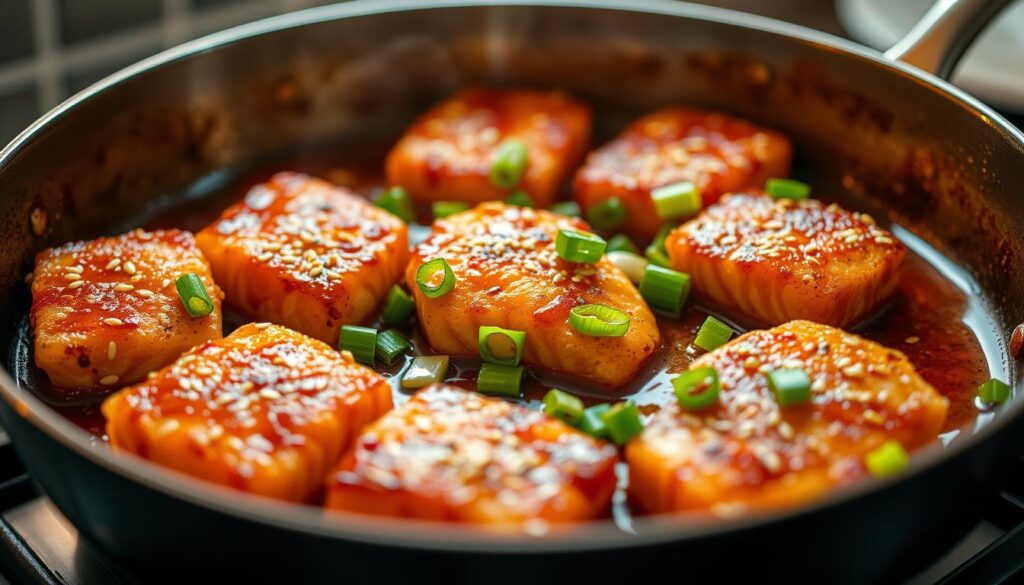 Freshly prepared salmon bites sizzling in a skillet, bathed in a tantalizing sauce. The salmon, lightly breaded and golden-brown, glistens under warm kitchen lighting. Close-up view showcases the tender, flaky texture. Vibrant green onions and sesame seeds provide a colorful garnish, adding depth and contrast. The scene evokes a mouthwatering home-cooked meal, inviting the viewer to imagine the satisfying crunch and rich, savory flavors. Shallow depth of field blurs the background, keeping the focus on the star of the dish - the delectable salmon bites.