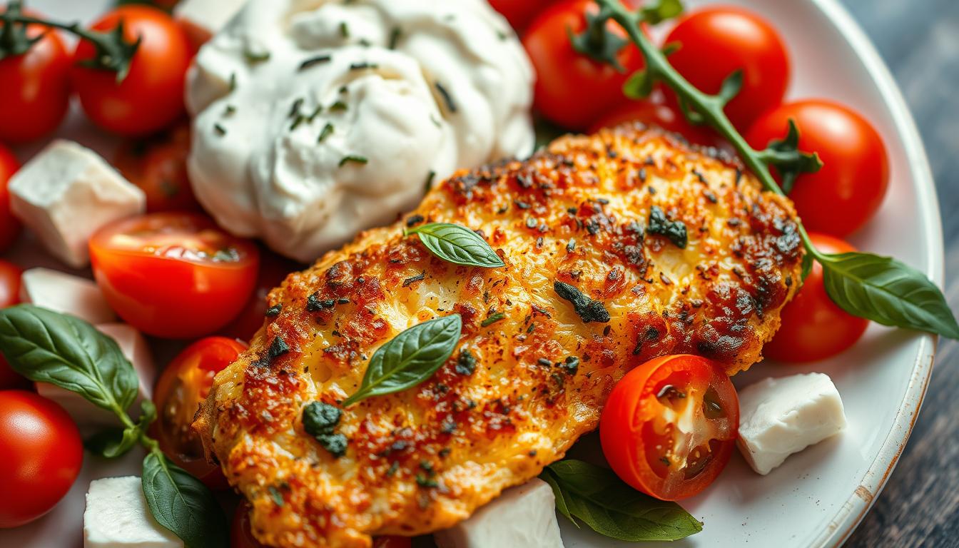 Italian Basil Chicken Cutlets with Tomato and Burrata Topping