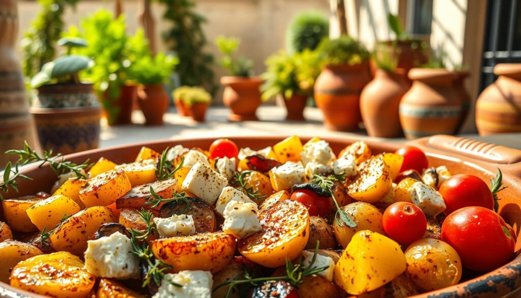 Vibrant and sun-drenched Mediterranean flavors in a rustic, earthy setting. In the foreground, a bountiful arrangement of roasted vegetables - tender potatoes, tangy feta, aromatic oregano, and bright cherry tomatoes. Drizzled with golden olive oil and sprinkled with fragrant spices. In the middle ground, a terracotta baking dish, its weathered surface reflecting the warm glow of the afternoon sun. In the background, a glimpse of a sun-dappled patio, adorned with terracotta pots and trailing vines, evoking the casual elegance of a Mediterranean kitchen garden. Soft, diffused lighting casts a gentle, inviting atmosphere. Captured with a wide-angle lens to emphasize the rustic, artisanal feel.