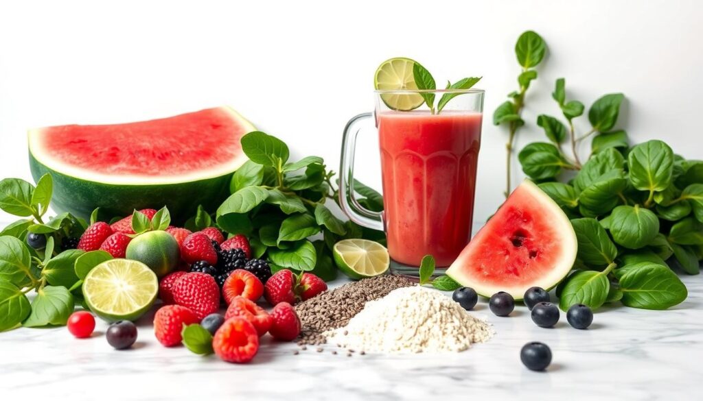 Vibrant array of superfood ingredients for a nourishing watermelon smoothie, captured in a crisp, well-lit studio setup. In the foreground, an assortment of fresh berries, chia seeds, spinach leaves, and a scoop of protein powder are elegantly arranged on a marble surface. In the middle ground, a glass pitcher filled with a blended watermelon smoothie, garnished with a slice of lime. The background features a clean, white backdrop, highlighting the natural colors and textures of the smoothie components. Soft, even lighting from above creates a bright, appetizing atmosphere, showcasing the visual appeal and nutritional benefits of these smoothie boosters.